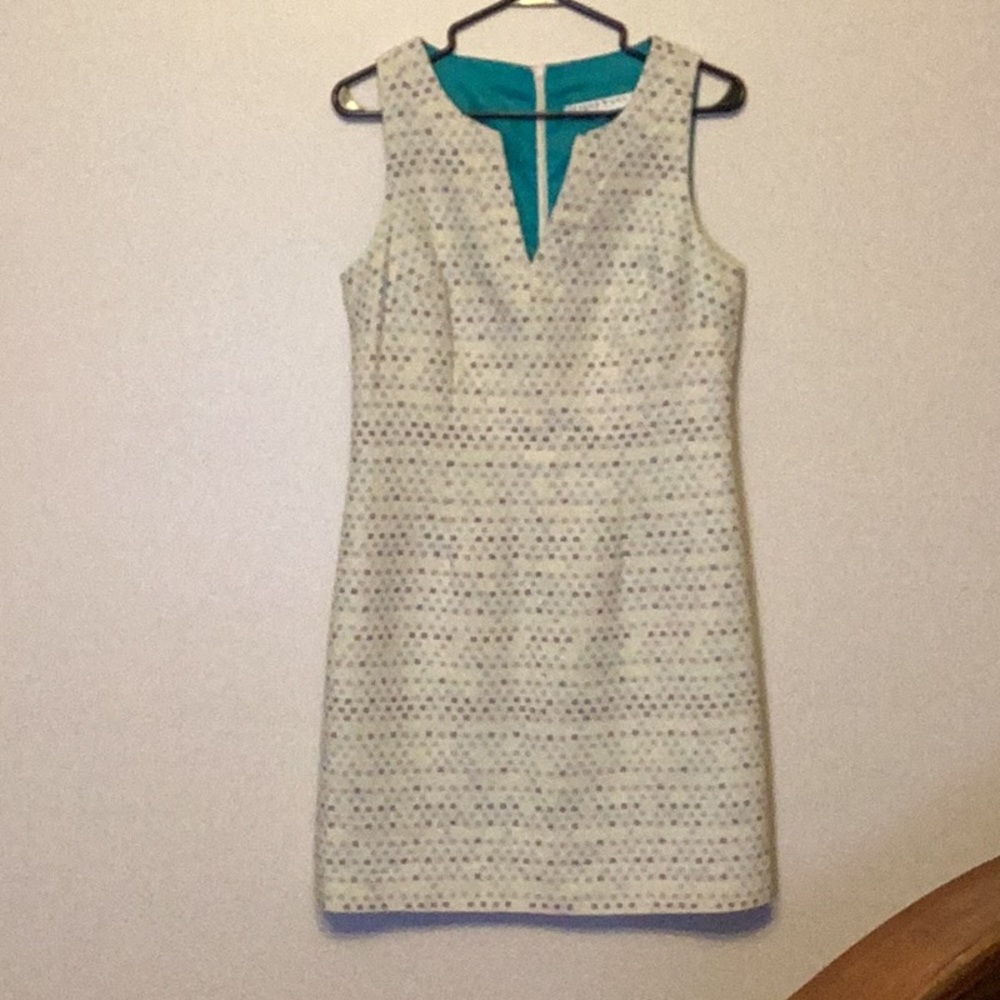 Trina Turk Cream Textured Sheath Dress with Teal Lining. Size 4